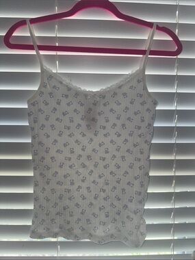 Brandy Melville White Floral Lace-Trim Ribbed Tank Top